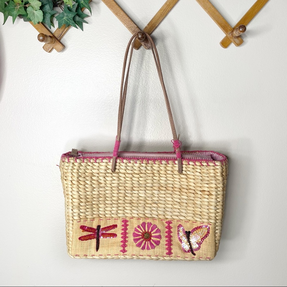 Straw woven shoulder bag dragonfly floral wicker